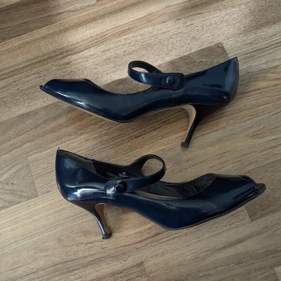 Vintage Blue Falchi Peep Toe Patent Mary Jane Strap Kitten Heels - Picture 3 of 10